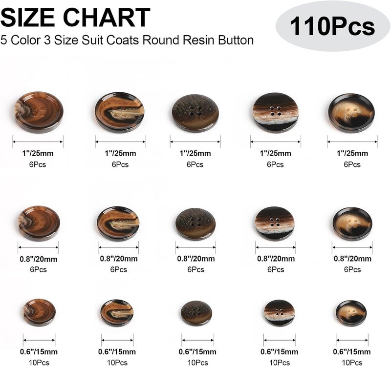 OELFFOW 110Pcs Brown Patterned Mixed Sewing Buttons, 4-Hole Craft Round Blazer Buttons, 5 Color 3 Size (15mm, 20mm, 25mm) Suit Coats Resin Button, for Variety Clothing Sewing, DIY Craft (Brown Patterned) - Image 2